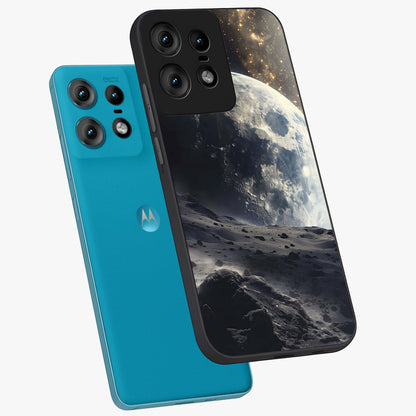 Lunar Horizon Glow Glass Case displayed in angled mockup highlighting celestial moon design with dreamy night aesthetic.
