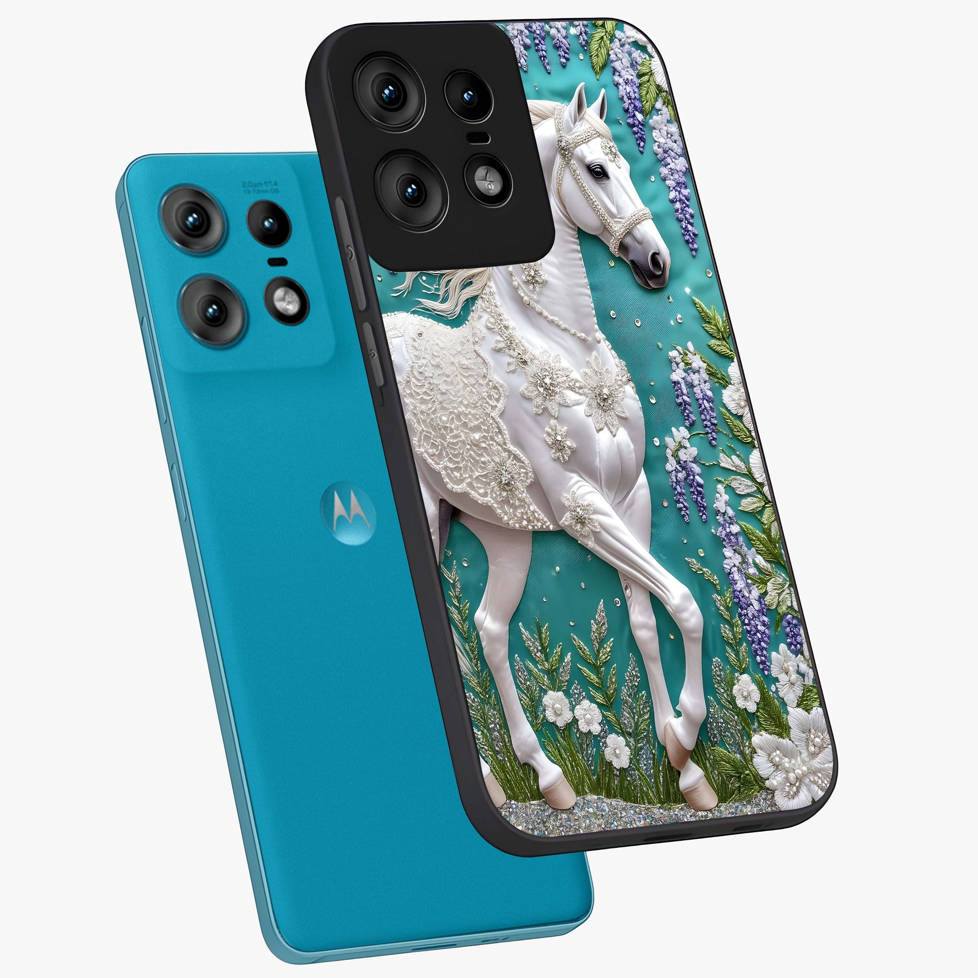 Majestic Floral Stallion Glass Case displayed in angled mockup highlighting majestic stallion illustration with elegant floral aesthetic.