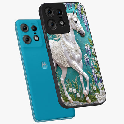 Majestic Floral Stallion Glass Case displayed in angled mockup highlighting majestic stallion illustration with elegant floral aesthetic.
