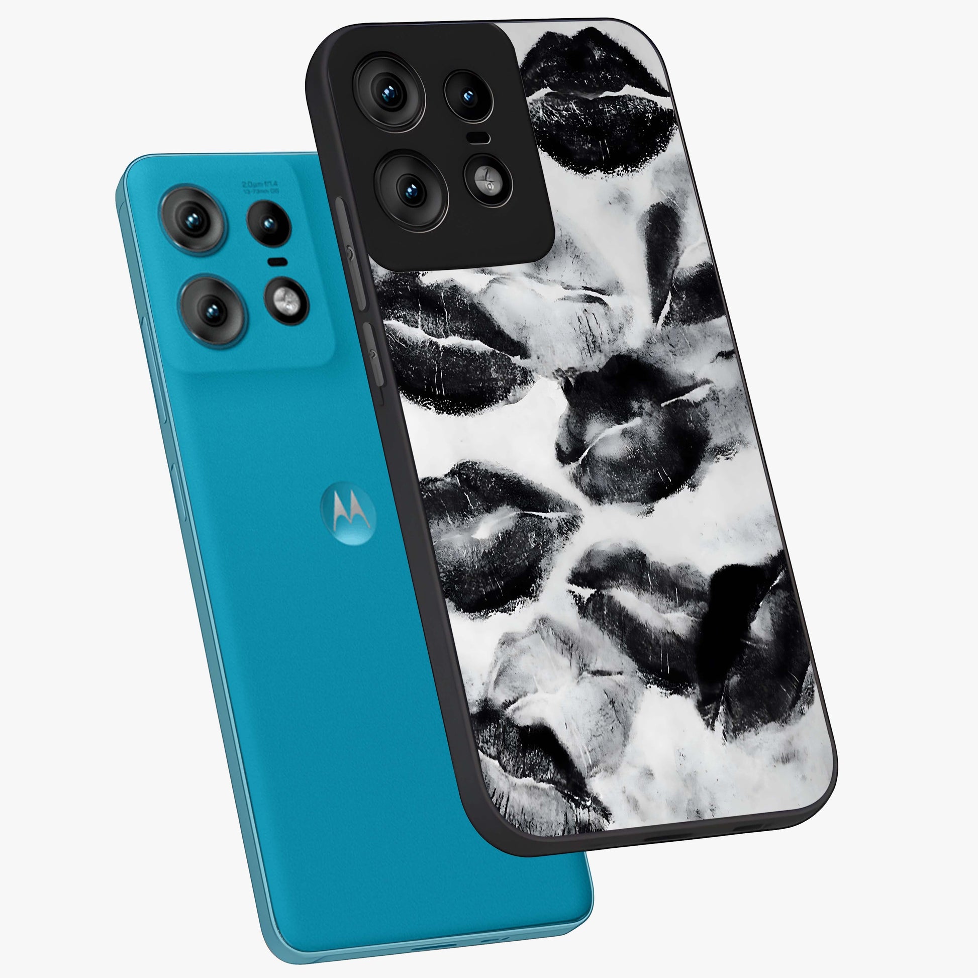 Midnight Kiss Marks Glass Case displayed in angled mockup highlighting playful romantic design with bold midnight aesthetic.