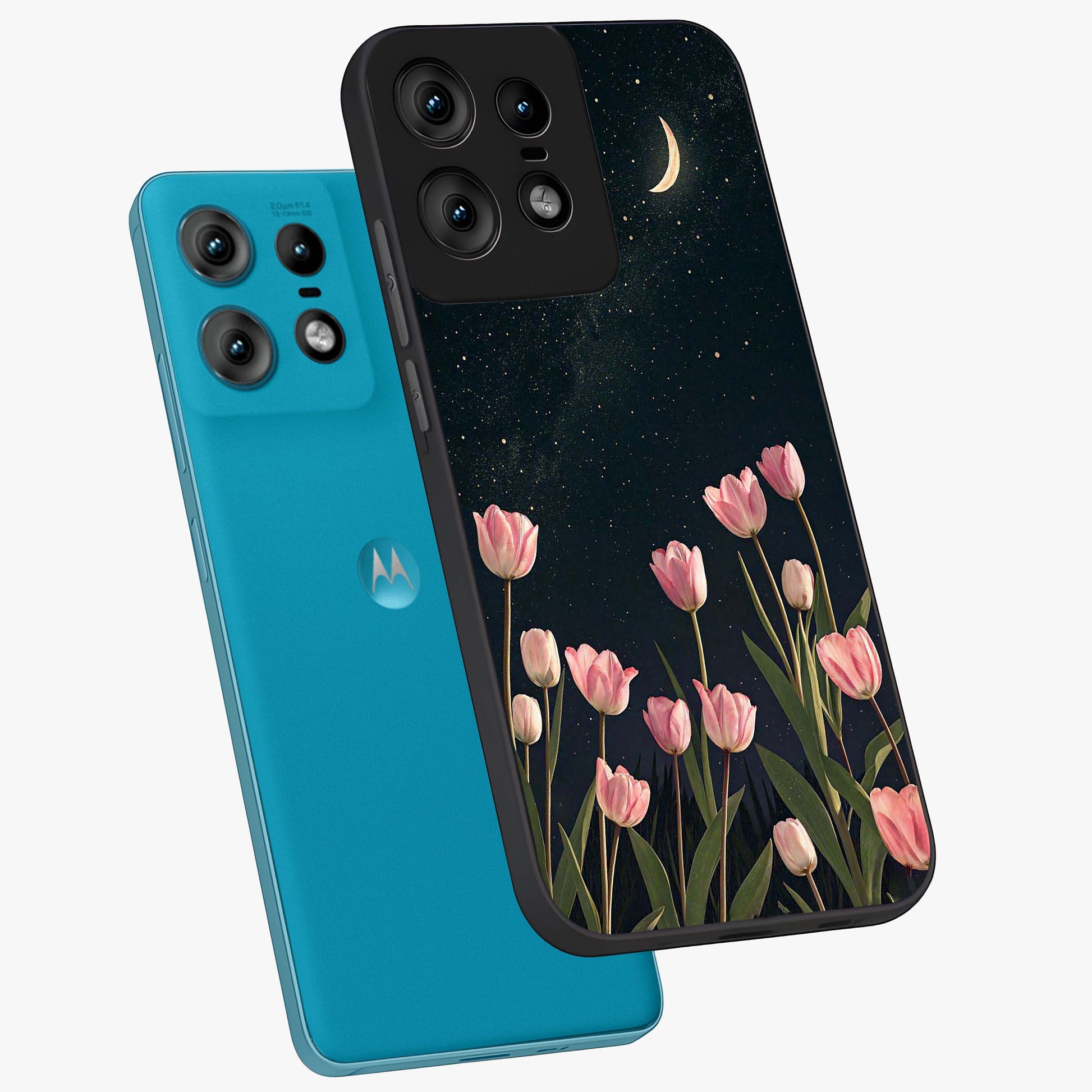 Midnight Tulip Whispers Vibe Glass Case displayed in angled mockup highlighting delicate tulip design with midnight floral aesthetic.