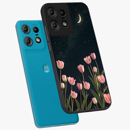Midnight Tulip Whispers Vibe Glass Case displayed in angled mockup highlighting delicate tulip design with midnight floral aesthetic.