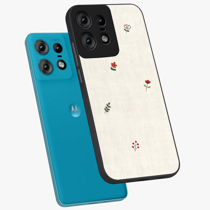 Minimalistic Blue With White Flower Pattern Glass Case displayed in angled mockup highlighting simple floral design with minimal aesthetic.