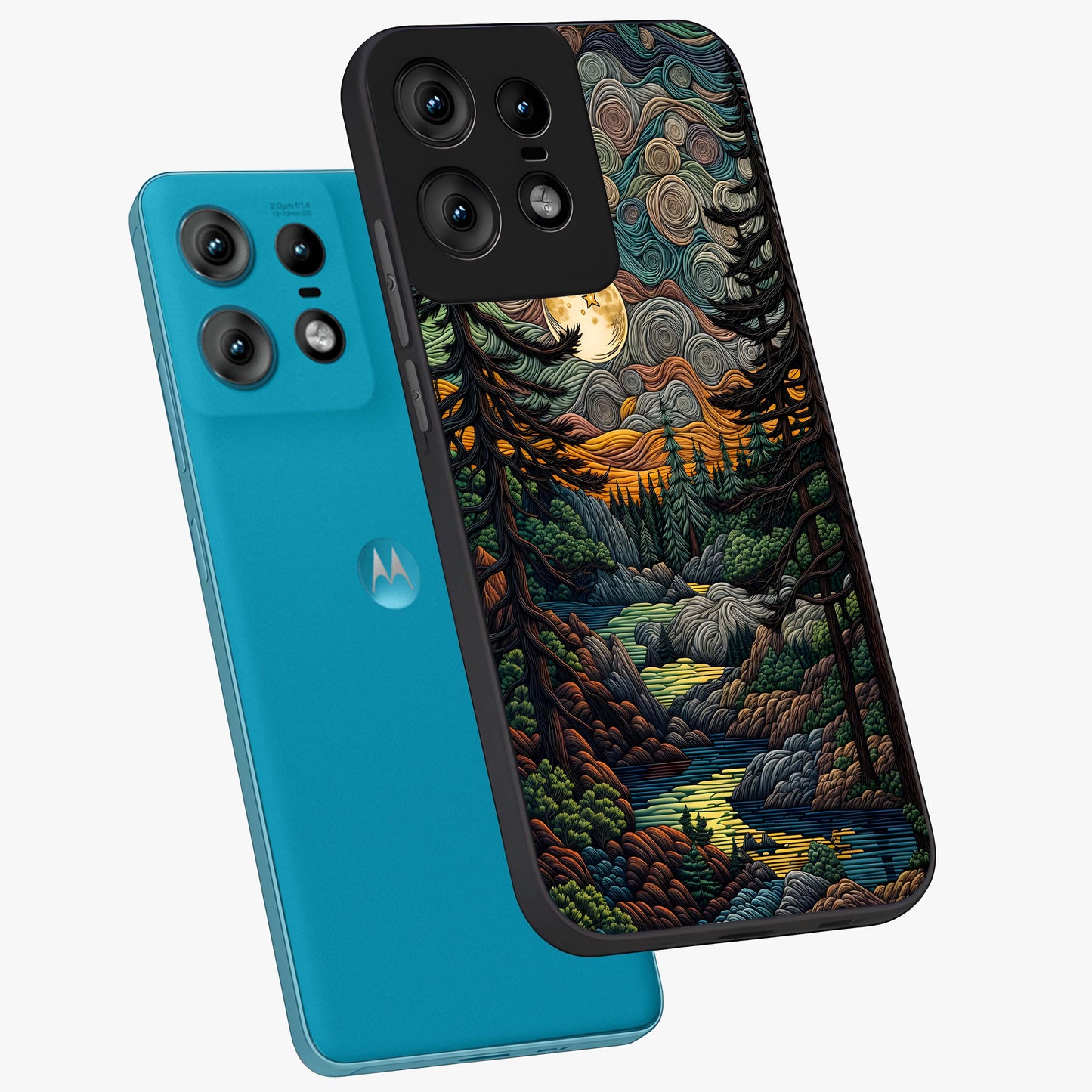 Moonlight Forest Dream Glass Case displayed in angled mockup highlighting dreamy forest design with glowing moon aesthetic.