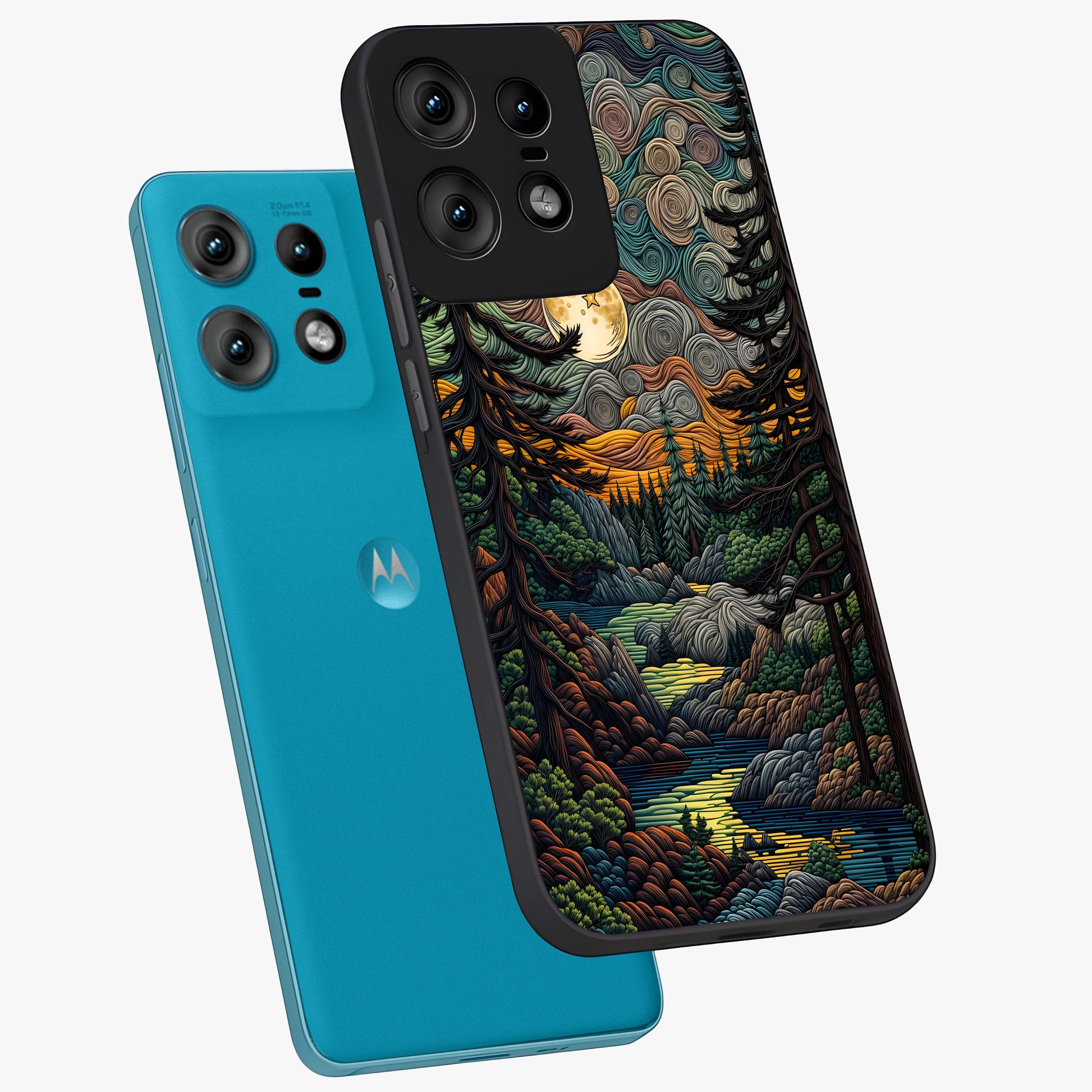Moonlight Forest Dream Glass Case displayed in angled mockup highlighting dreamy forest design with glowing moon aesthetic.