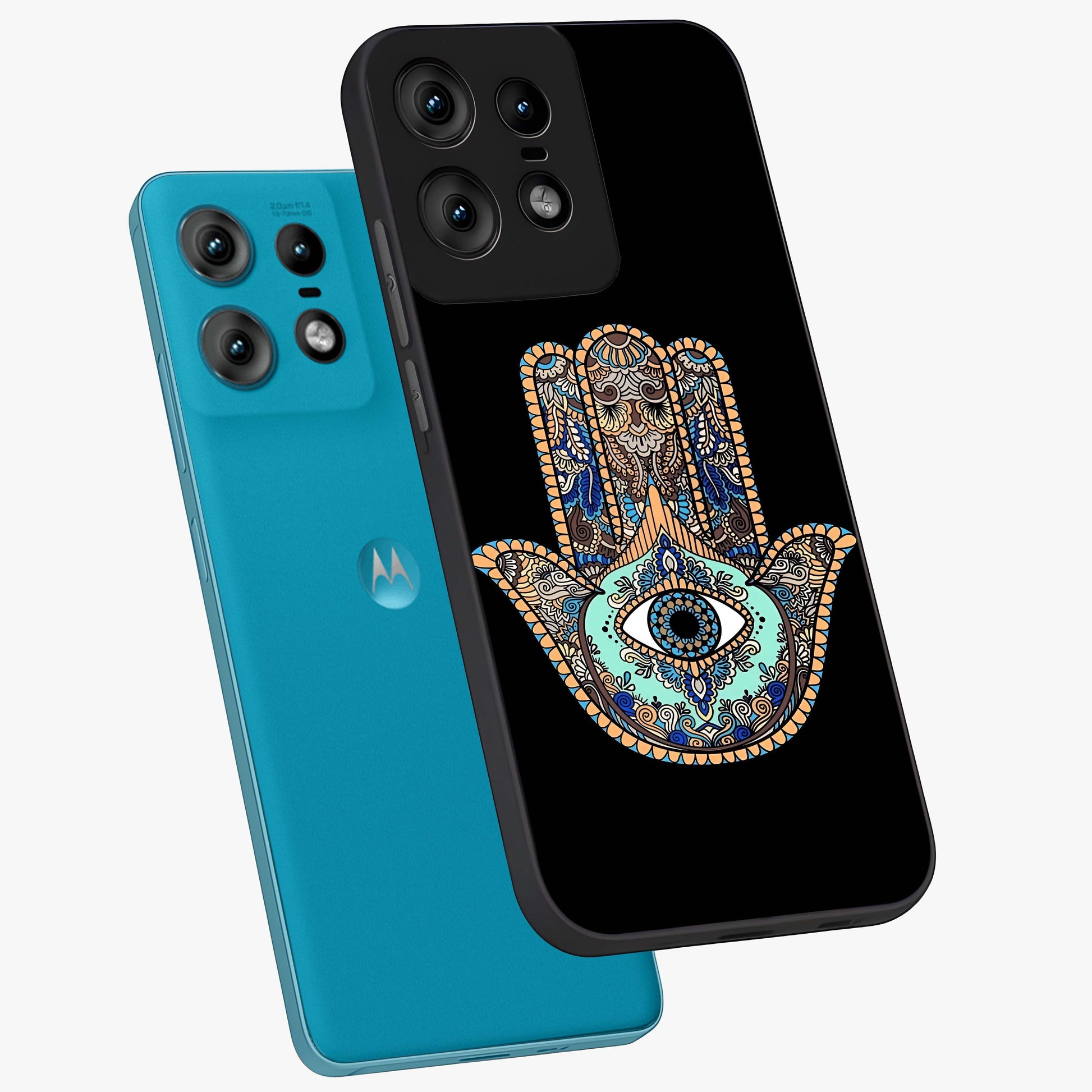 Mystic Hamsa Eye Glass Case displayed in angled mockup highlighting spiritual hamsa symbol with mystical aesthetic style.