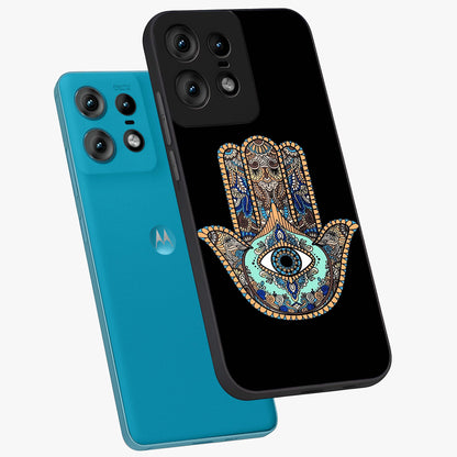 Mystic Hamsa Eye Glass Case displayed in angled mockup highlighting spiritual hamsa symbol with mystical aesthetic style.