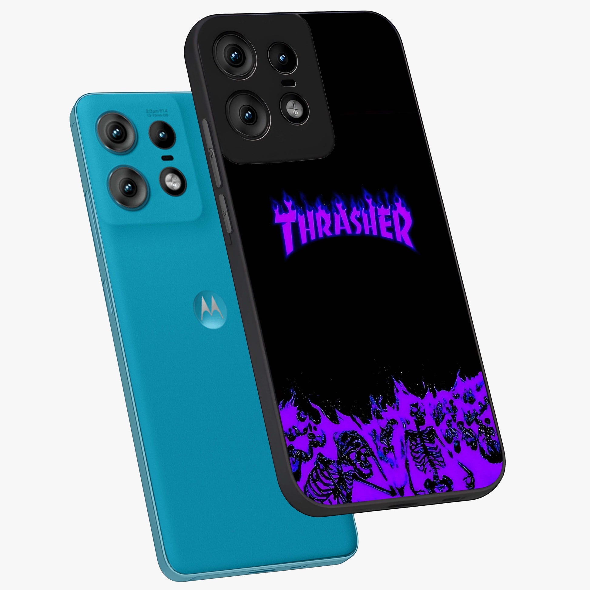 Neon Flame Riot Glass Case displayed in angled mockup highlighting glowing flame design with vibrant neon aesthetic.