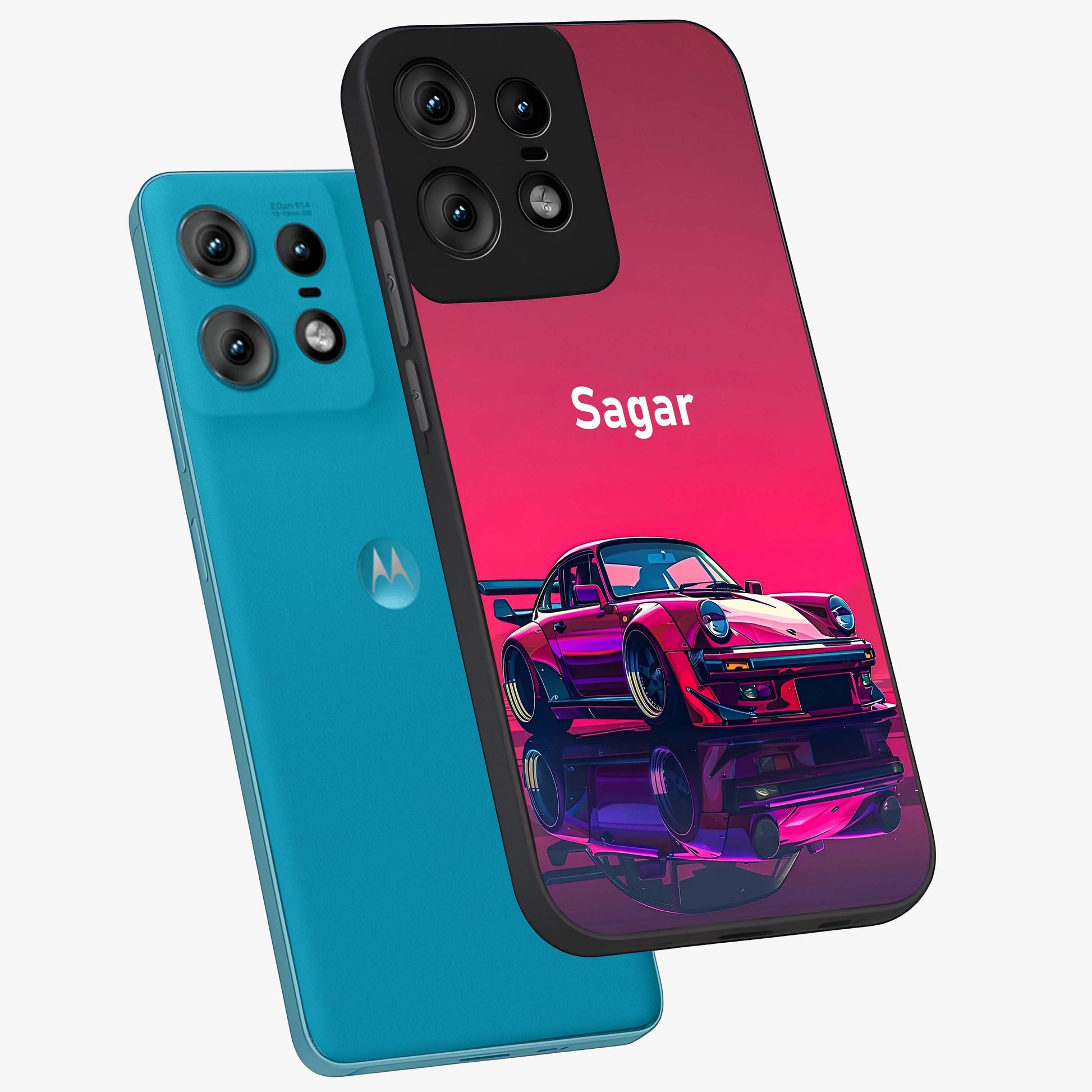 Neon Pink Porsche Glass Case displayed in angled mockup highlighting sleek neon pink car design with racing aesthetic.