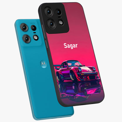 Neon Pink Porsche Glass Case displayed in angled mockup highlighting sleek neon pink car design with racing aesthetic.