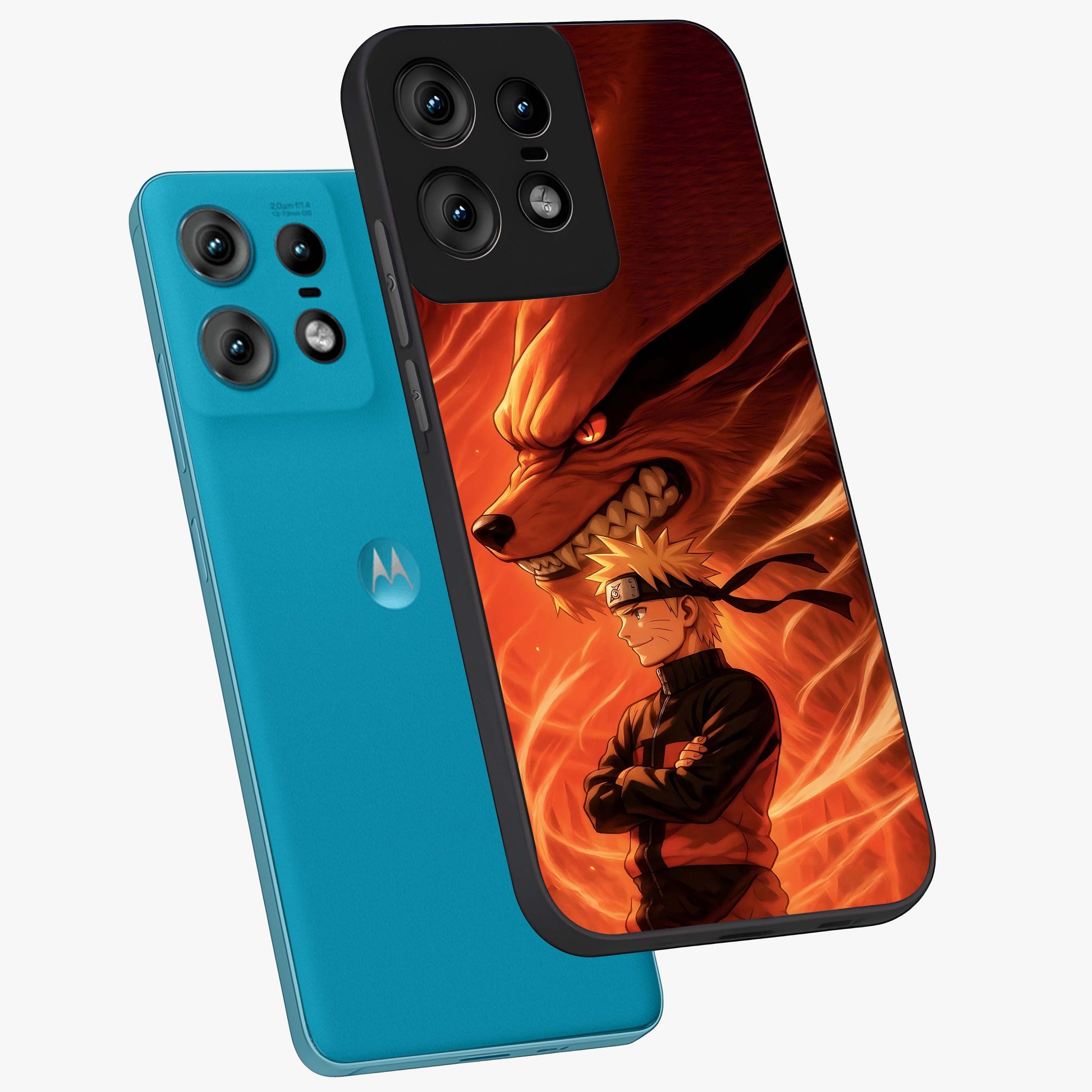 Nine Tails Legacy Glass Case displayed in angled mockup highlighting dynamic anime beast illustration with bold mystical aesthetic.
