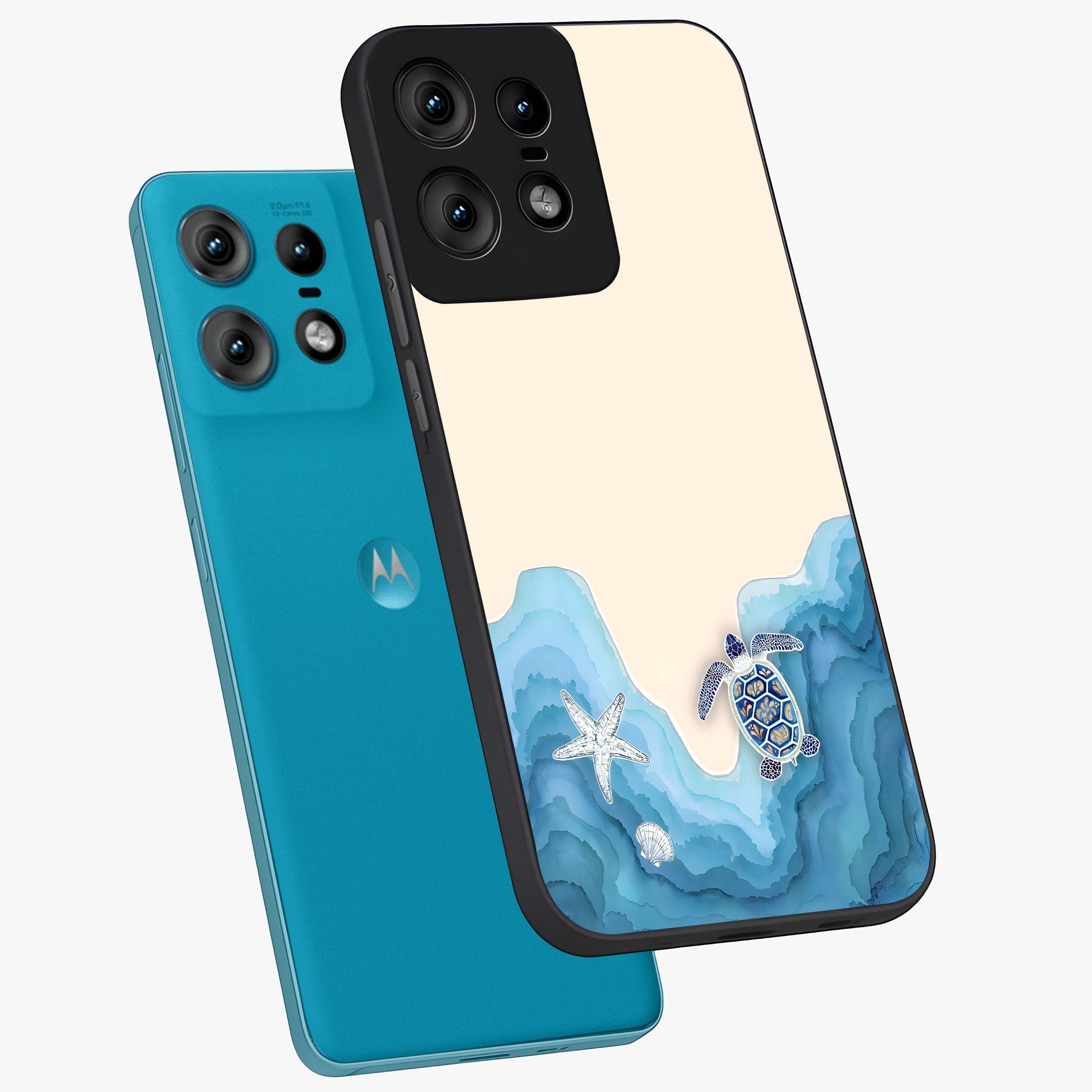 Ocean Drift Turtle Glass Case displayed in angled mockup highlighting peaceful ocean turtle illustration with marine aesthetic.
