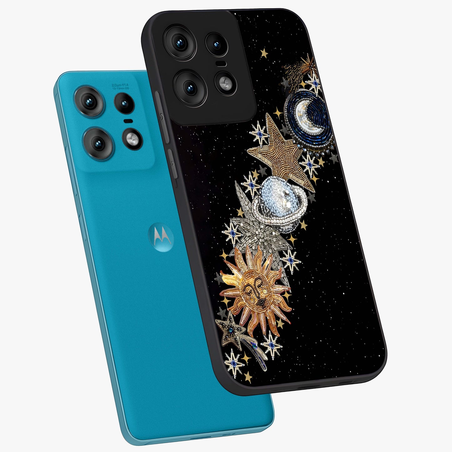 Pearls Universe Object Glass Case displayed in angled mockup highlighting celestial pearl design with dreamy aesthetic.
