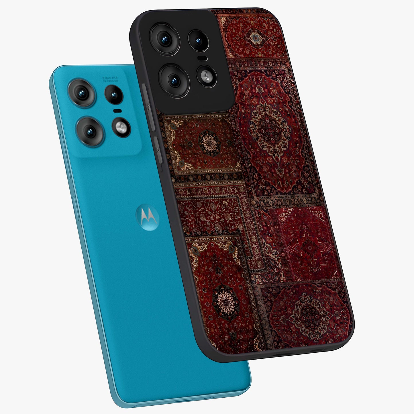 Persian Velvet Tale Glass Case displayed in angled mockup highlighting ornate textile inspired design with royal aesthetic.