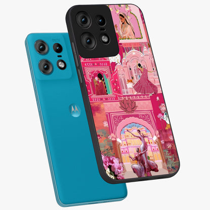 Pink Palace Muse Glass Case displayed in angled mockup highlighting dreamy palace illustration with soft pink aesthetic.