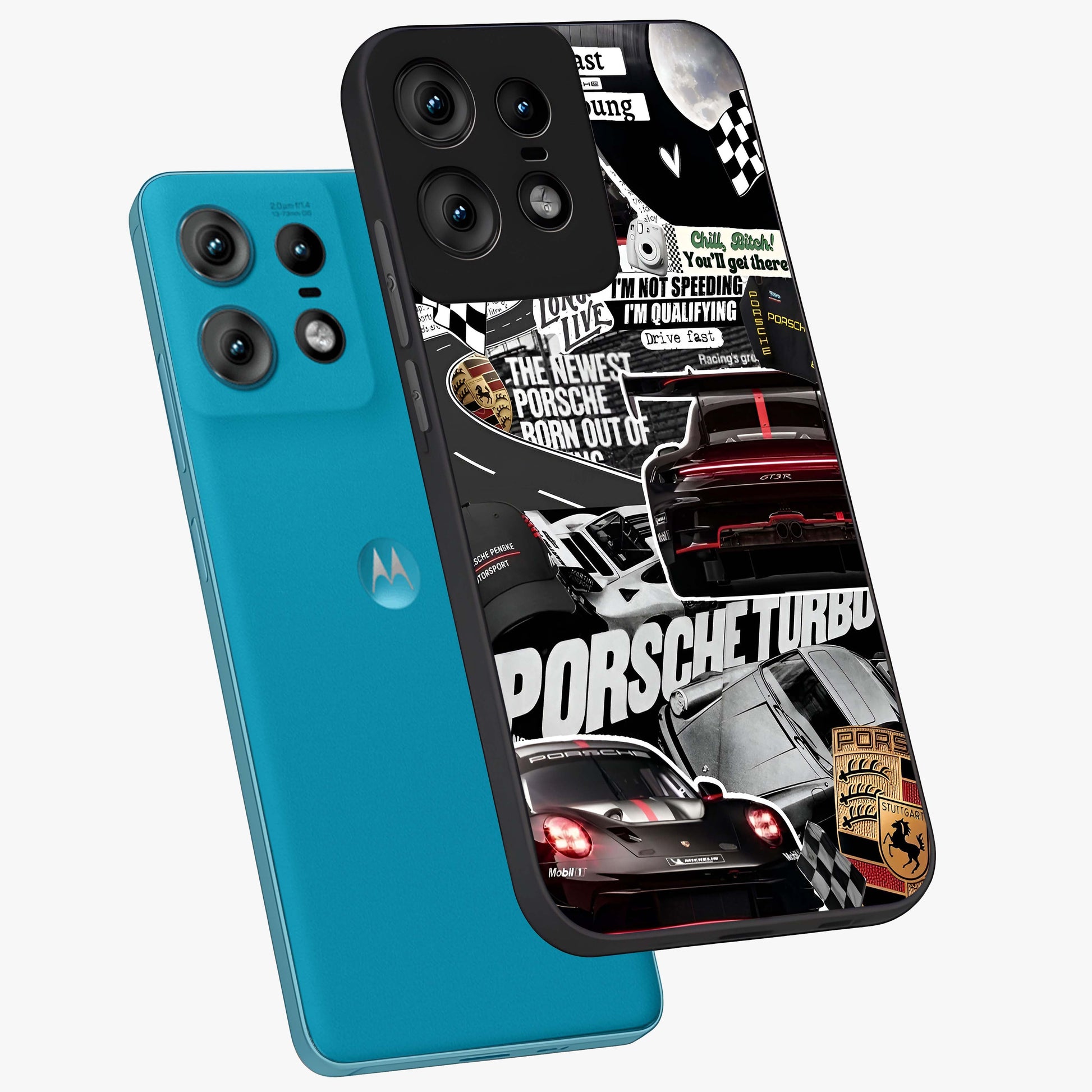 Porsche Racing Collage Glass Case displayed in angled mockup highlighting dynamic automotive design with bold racing aesthetic.