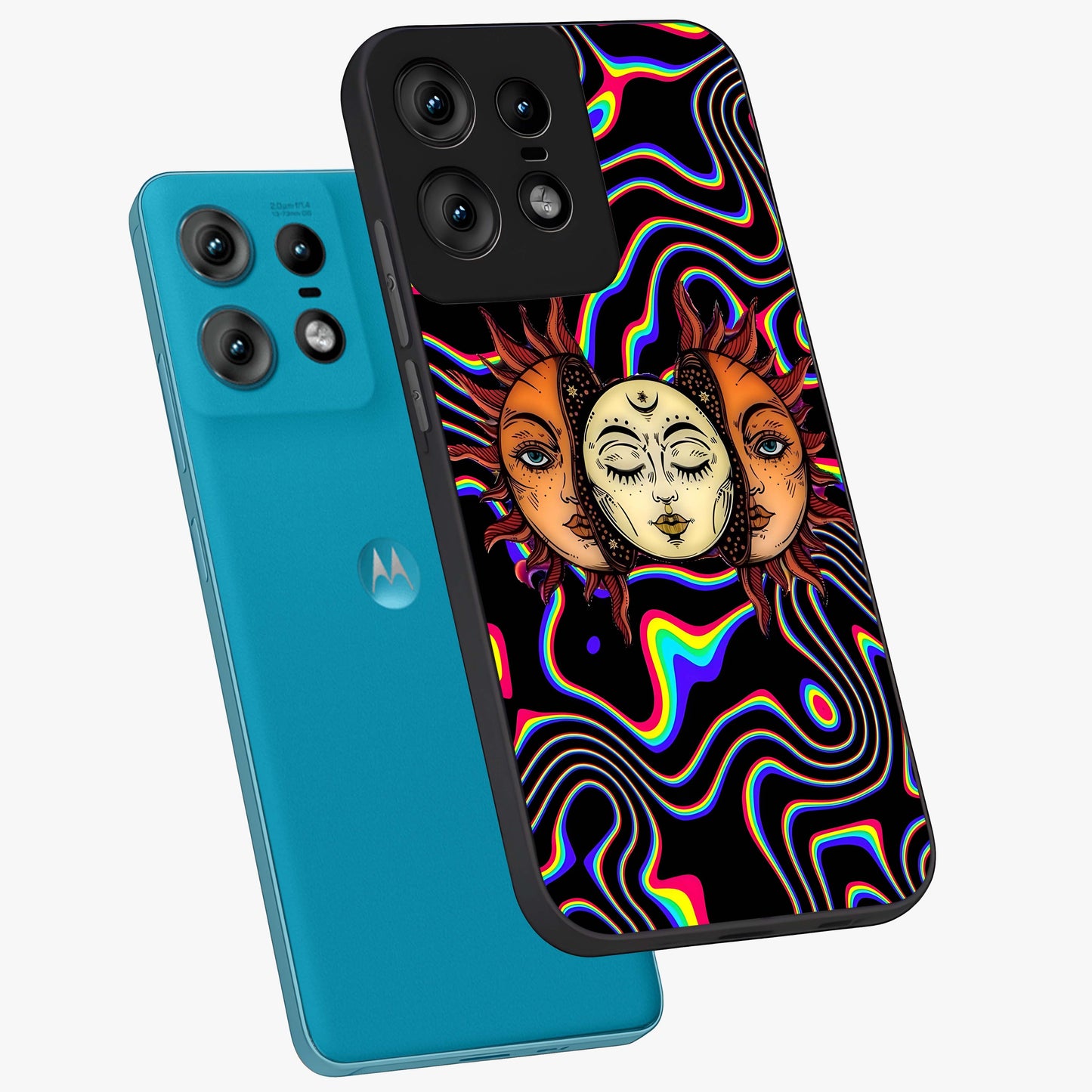 Psychedelic Sun Glass Case displayed in angled mockup highlighting vibrant abstract sun design with artistic aesthetic style.