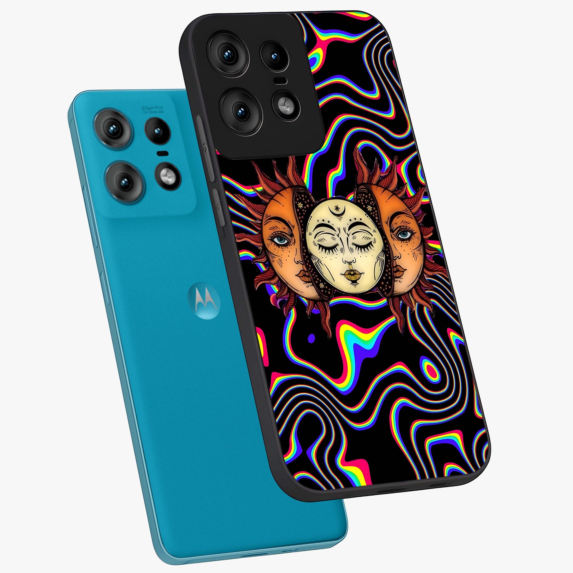 Psychedelic Sun Glass Case displayed in angled mockup highlighting vibrant abstract sun design with artistic aesthetic style.