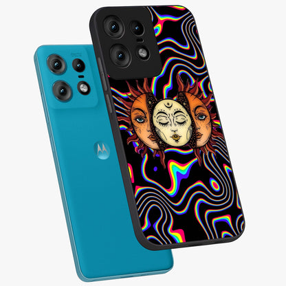 Psychedelic Sun Glass Case displayed in angled mockup highlighting vibrant abstract sun design with artistic aesthetic style.