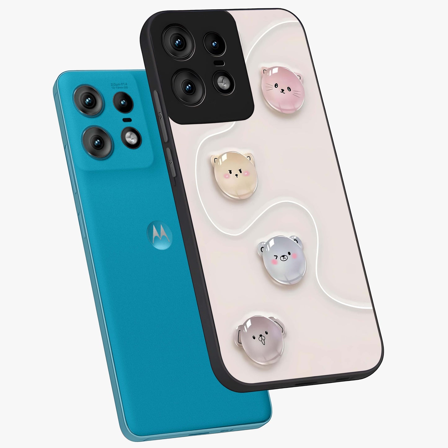 Puffy Face Parade Glass Case displayed in angled mockup highlighting playful cartoon face design with fun aesthetic.