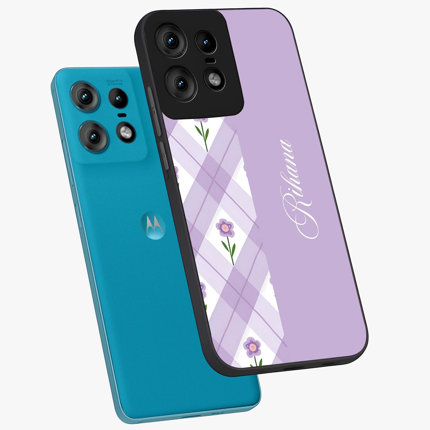 Purple Diamond Floral Glass Case displayed in angled mockup highlighting elegant purple flower design with decorative pattern.