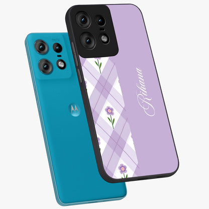 Purple Diamond Floral Glass Case displayed in angled mockup highlighting elegant purple flower design with decorative pattern.