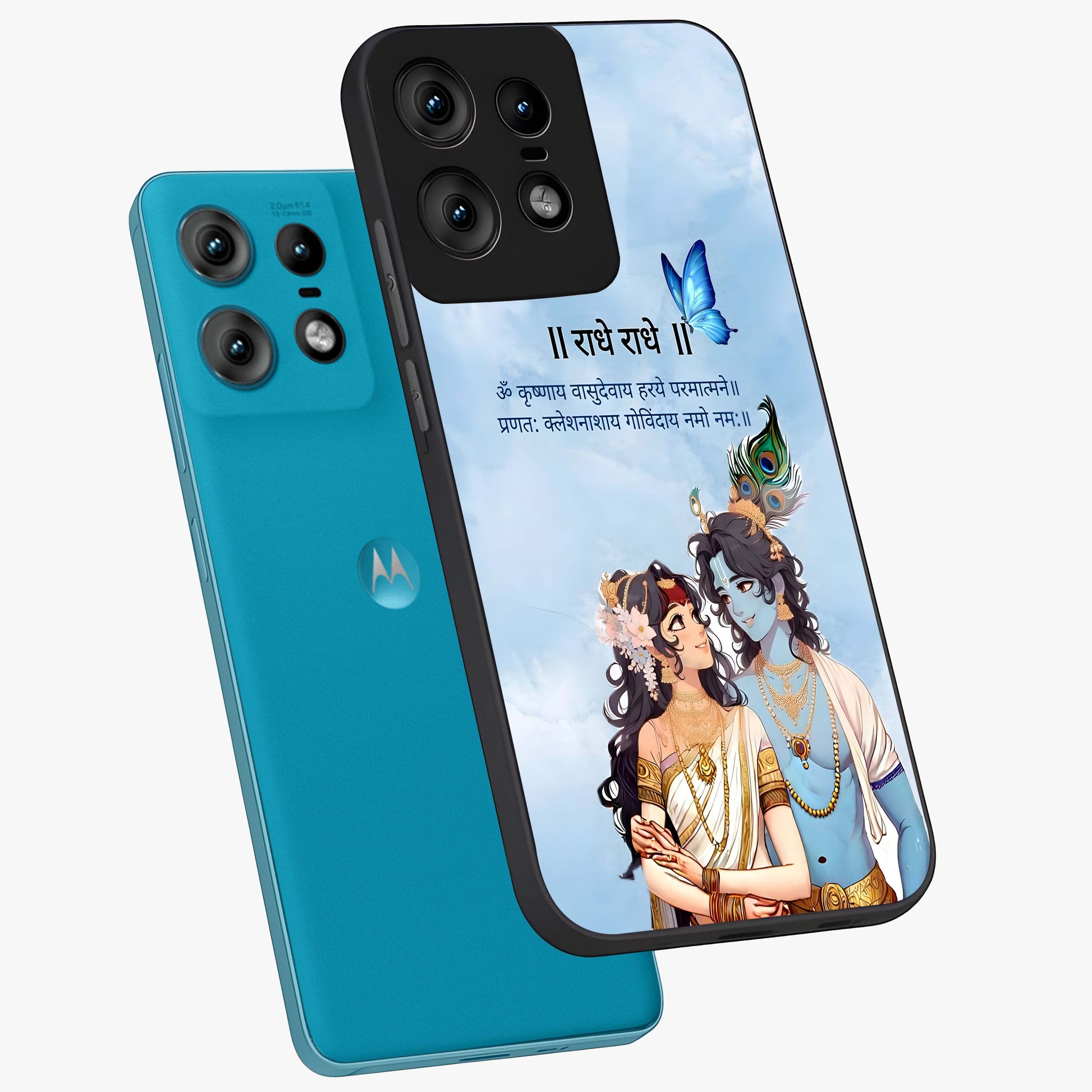 Radha Krishna Eternal Glass Case displayed in angled mockup highlighting divine Radha Krishna illustration with spiritual aesthetic.