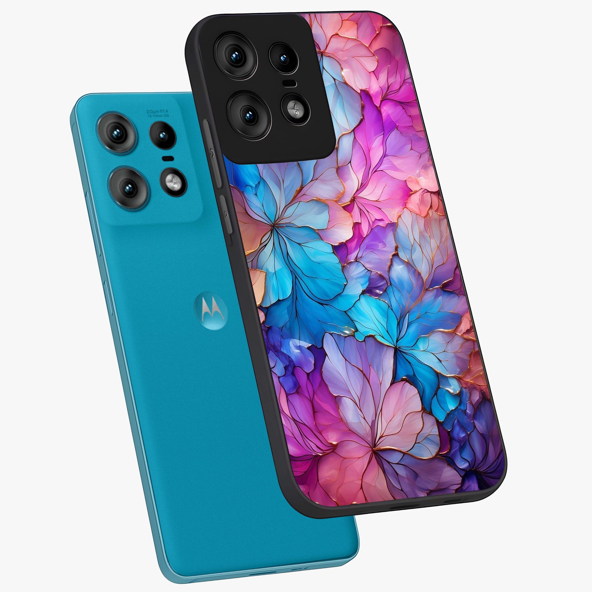 Radiant Floral Whirl Glass Case displayed in angled mockup highlighting vibrant flower pattern with dynamic artistic aesthetic.