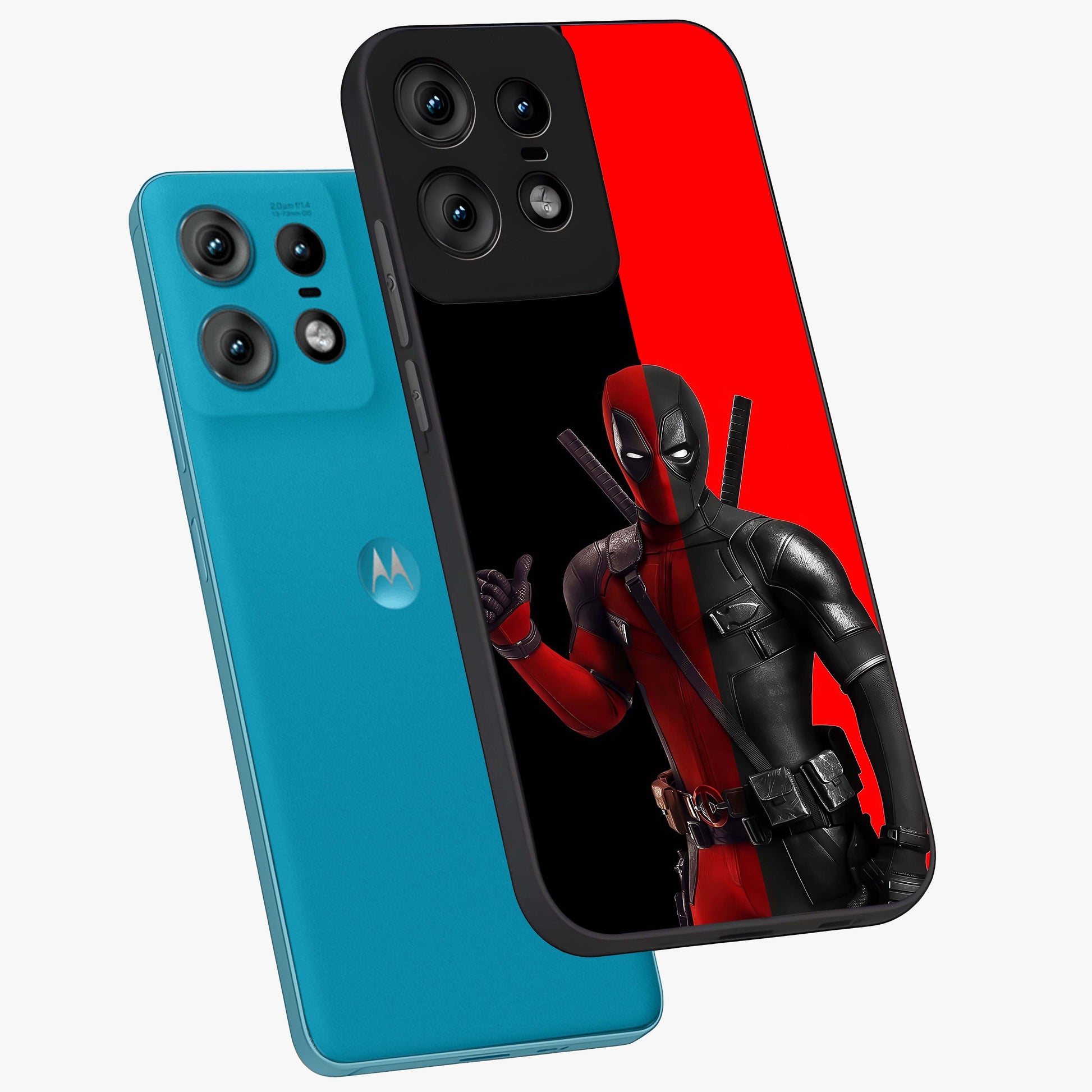Red & Black Deadpool Theme Glass Case displayed in angled mockup highlighting vibrant superhero style illustration with action aesthetic.