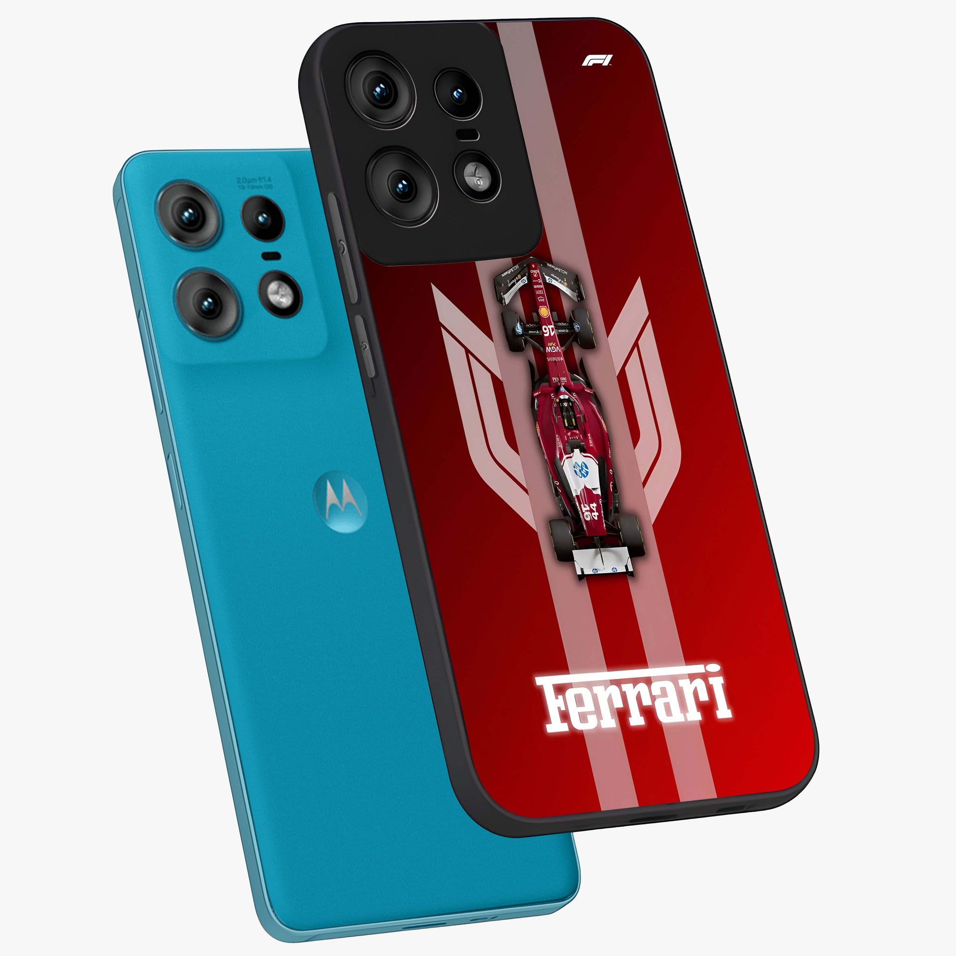 Red Ferrari F1 Vertical Glass Case displayed in angled mockup highlighting high speed racing design with bold automotive aesthetic.