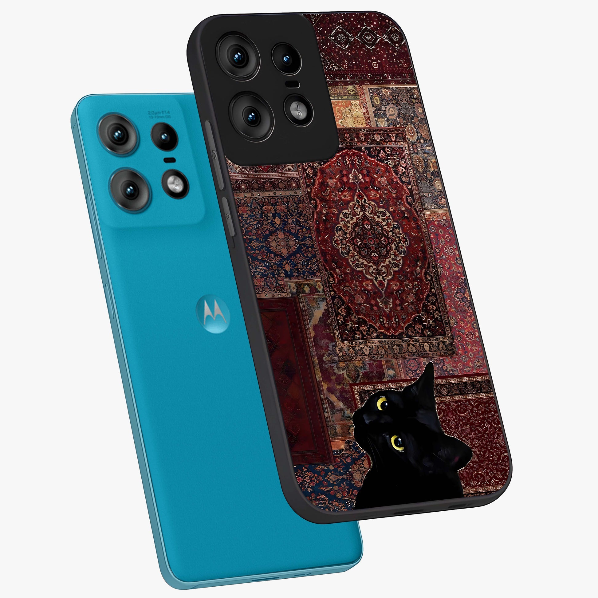 Regal Magic Cat Apple Glass Case displayed in angled mockup highlighting whimsical feline design with fantasy aesthetic.