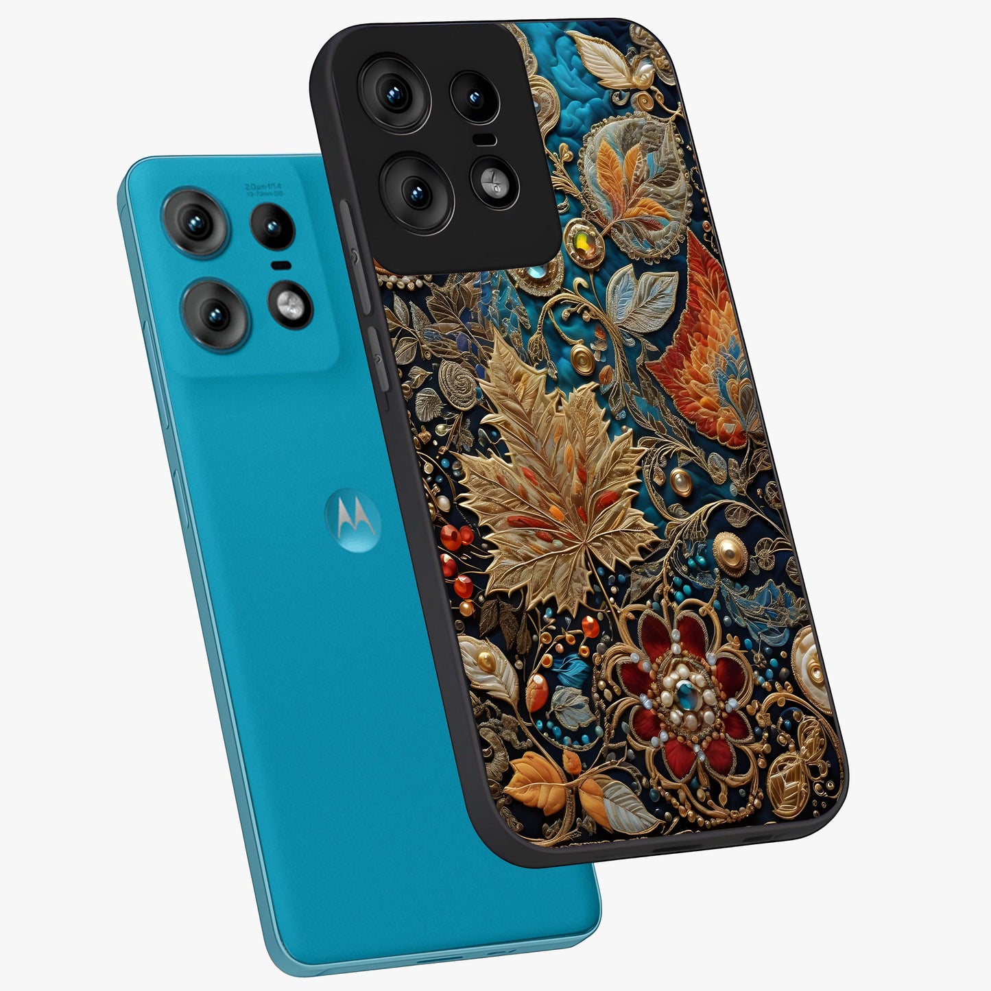 Royal Jewel Garden Glass Case displayed in angled mockup highlighting vibrant jewel inspired floral design with elegant aesthetic.