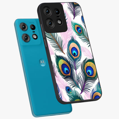 Royal Peacock Feathers Glass Case displayed in angled mockup highlighting vibrant feather pattern with regal aesthetic style.