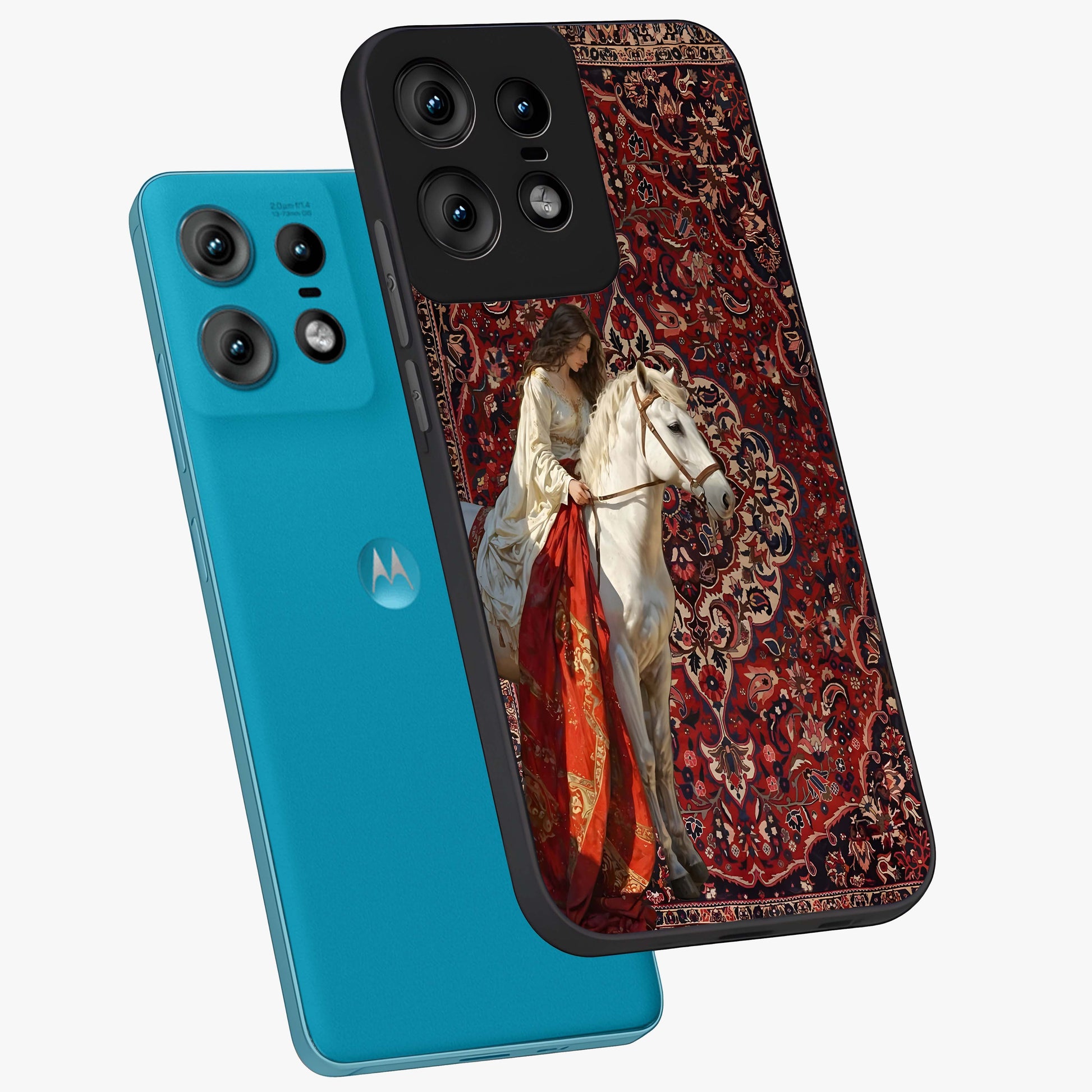Royal Rider Tapestry Glass Case displayed in angled mockup highlighting traditional tapestry design with royal heritage aesthetic.