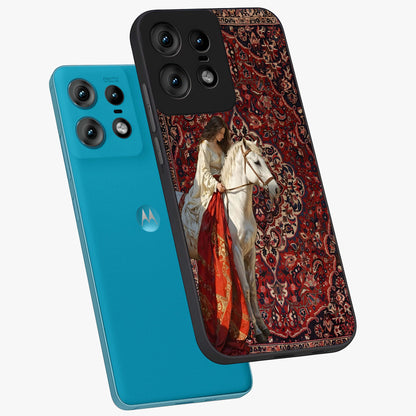 Royal Rider Tapestry Glass Case displayed in angled mockup highlighting traditional tapestry design with royal heritage aesthetic.