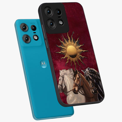 Solar Riders Glass Case displayed in angled mockup highlighting powerful rider illustration with radiant solar aesthetic.