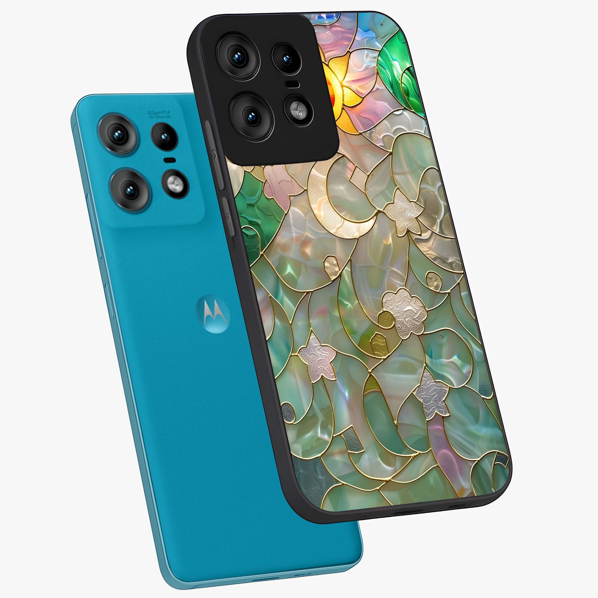Stained Sunrise Glow Glass Case displayed in angled mockup highlighting radiant sunrise design with artistic aesthetic style.