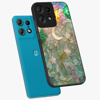 Stained Sunrise Glow Glass Case displayed in angled mockup highlighting radiant sunrise design with artistic aesthetic style.