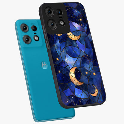 Starlit Sky Tapestry Glass Case displayed in angled mockup highlighting celestial night pattern with artistic aesthetic style.