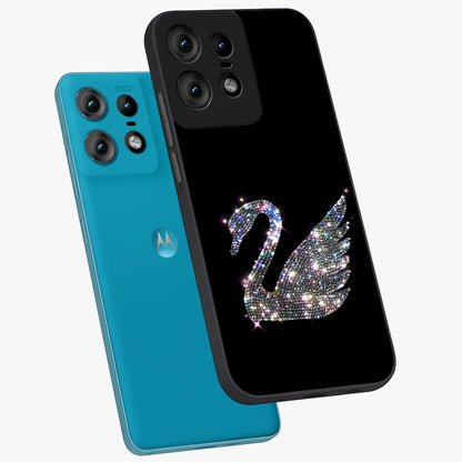 Starlit Swan Grace Glass Case displayed in angled mockup highlighting elegant swan illustration with dreamy celestial aesthetic.