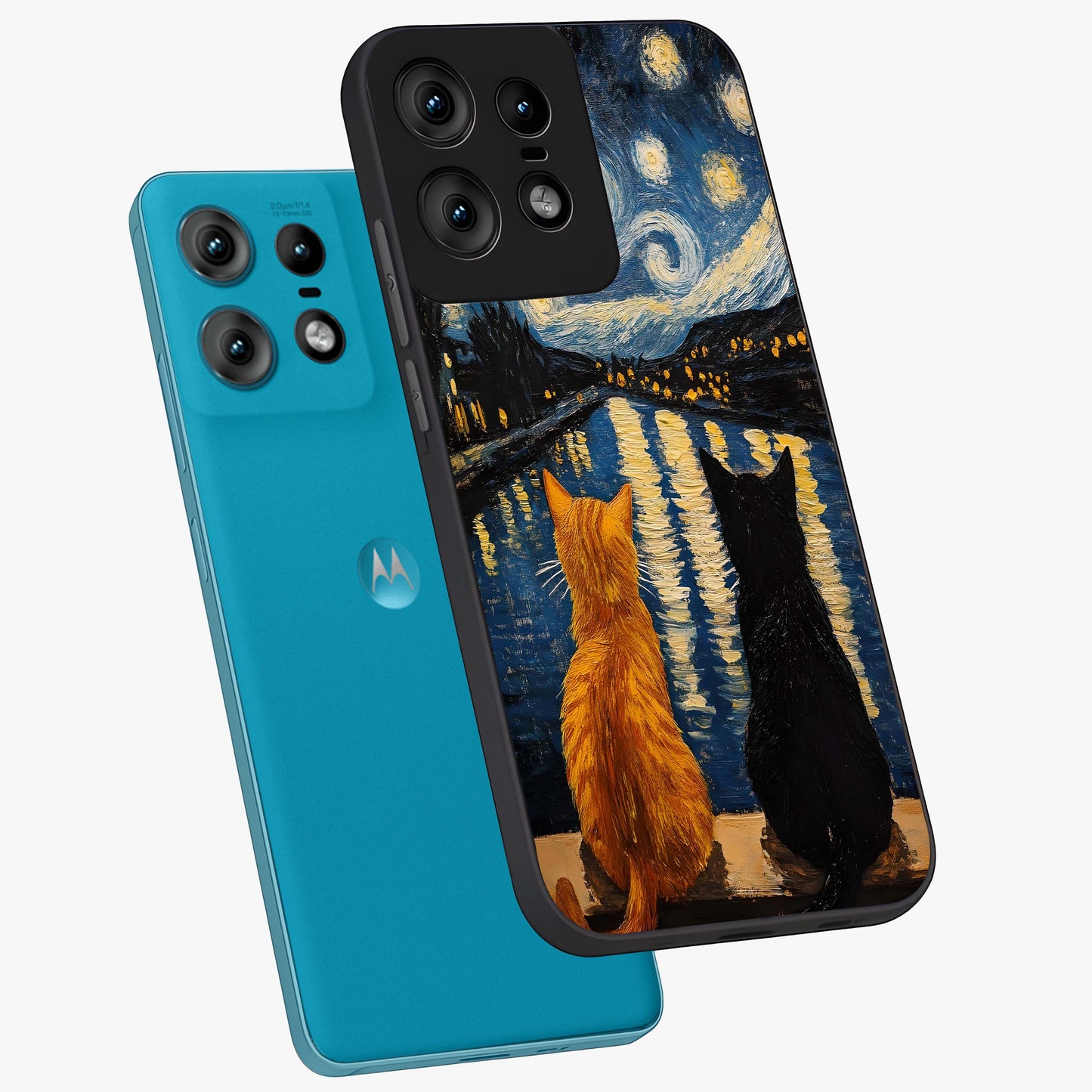 Starry River Cats Glass Case displayed in angled mockup highlighting charming feline illustration with dreamy night aesthetic.
