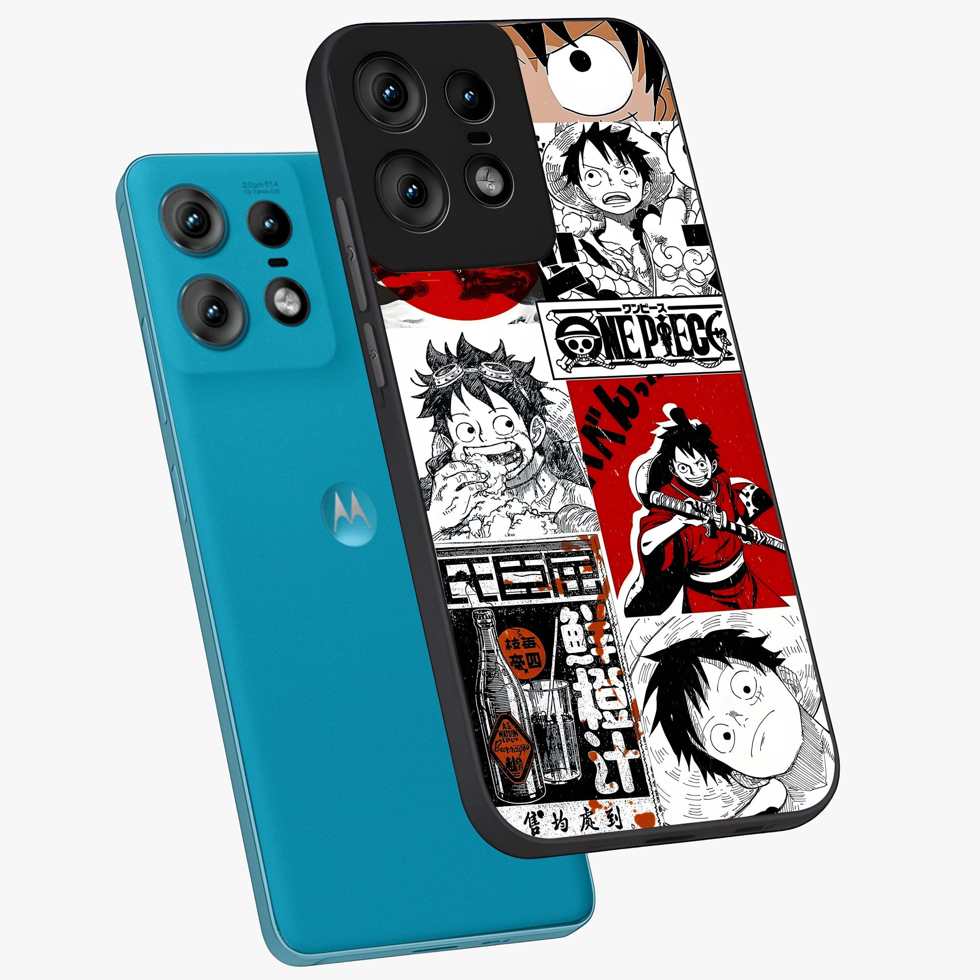 Strawhat Chaos Panels Glass Case displayed in angled mockup highlighting vibrant anime collage design with action aesthetic.