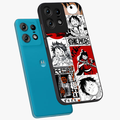 Strawhat Chaos Panels Glass Case displayed in angled mockup highlighting vibrant anime collage design with action aesthetic.