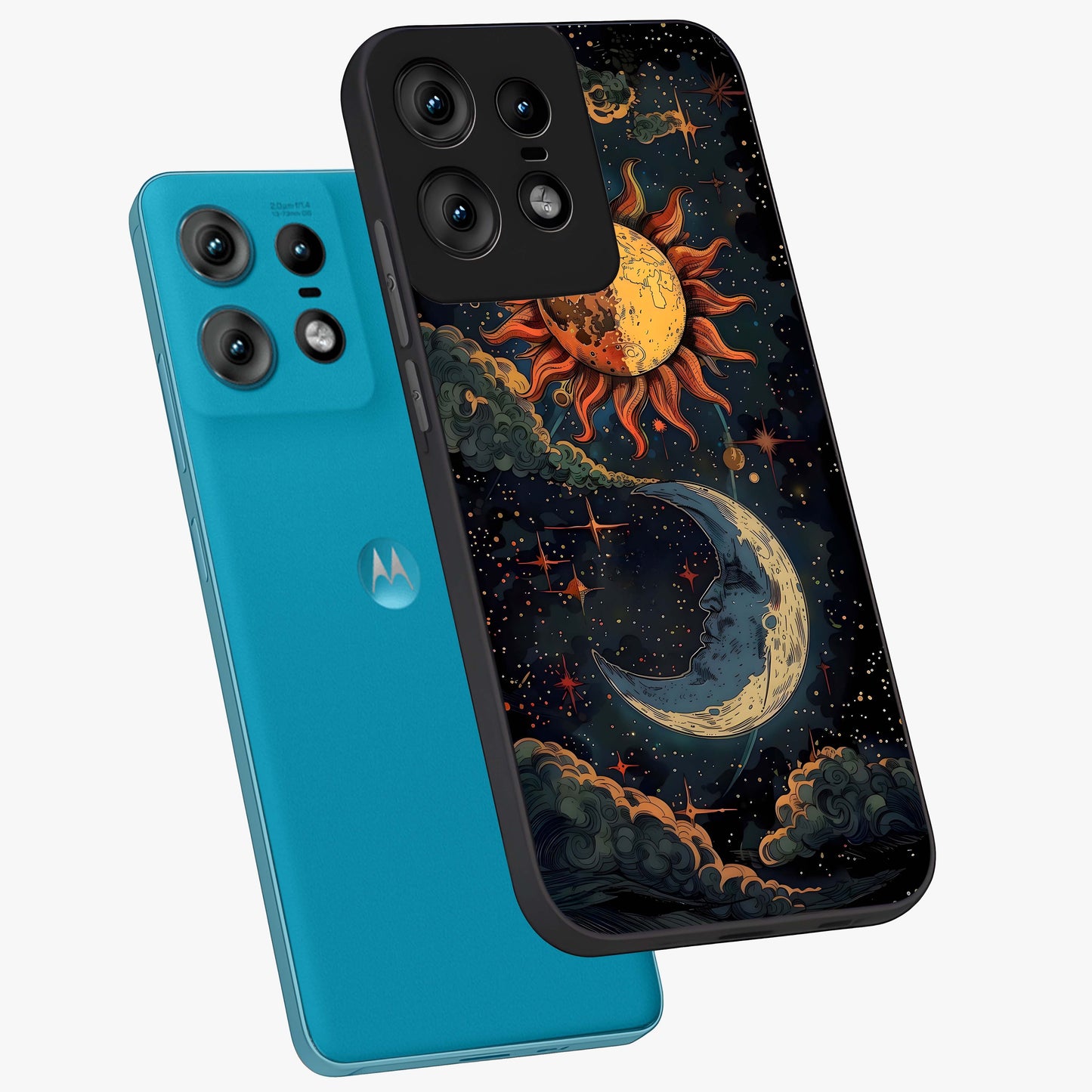 Sun And Moon Magic Design Glass Case displayed in angled mockup highlighting celestial design with magical cosmic aesthetic.