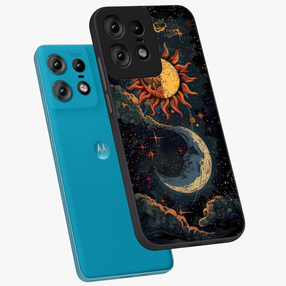 Sun And Moon Magic Design Glass Case displayed in angled mockup highlighting celestial design with magical cosmic aesthetic.