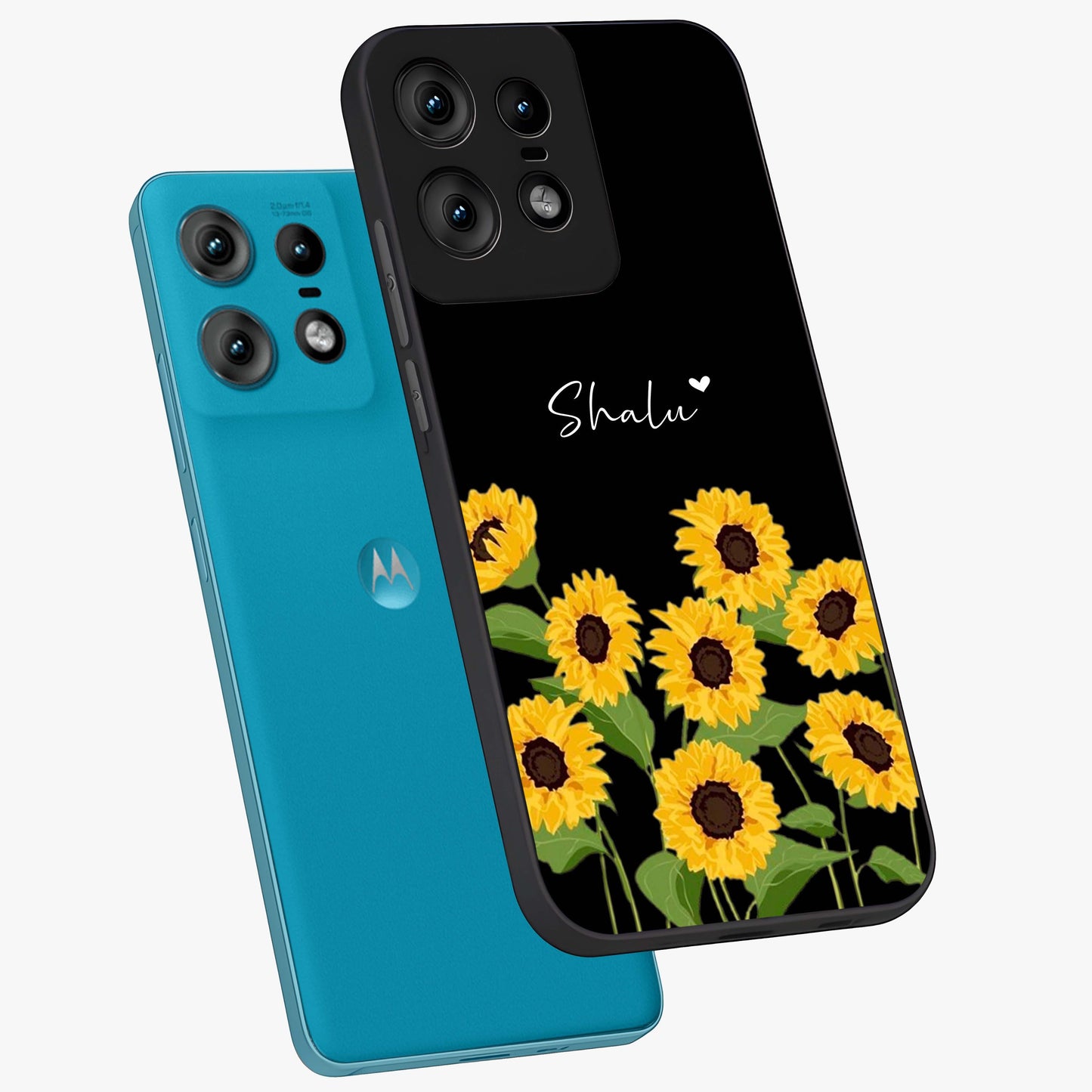 Sunflower Chic Mood Custom Name Glass Case displayed in angled mockup highlighting vibrant sunflower design with custom name feature.