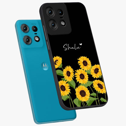 Sunflower Chic Mood Custom Name Glass Case displayed in angled mockup highlighting vibrant sunflower design with custom name feature.