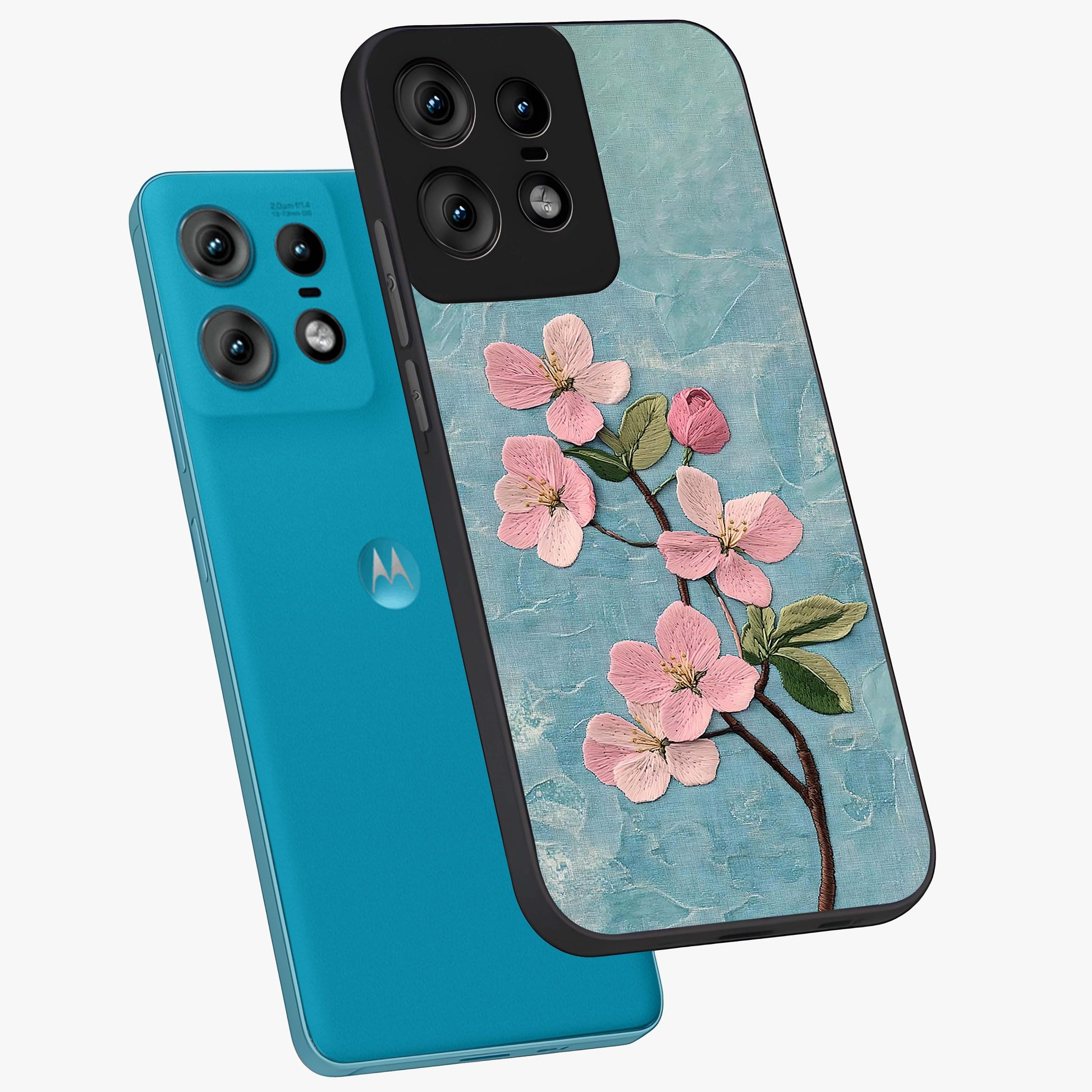Threaded Blossom Breeze Glass Case displayed in angled mockup highlighting elegant floral design with soft aesthetic style.