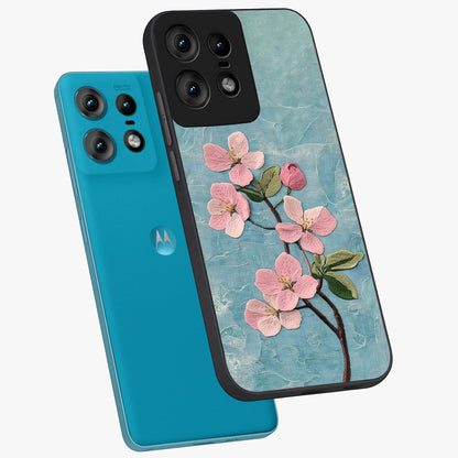 Threaded Blossom Breeze Glass Case displayed in angled mockup highlighting elegant floral design with soft aesthetic style.