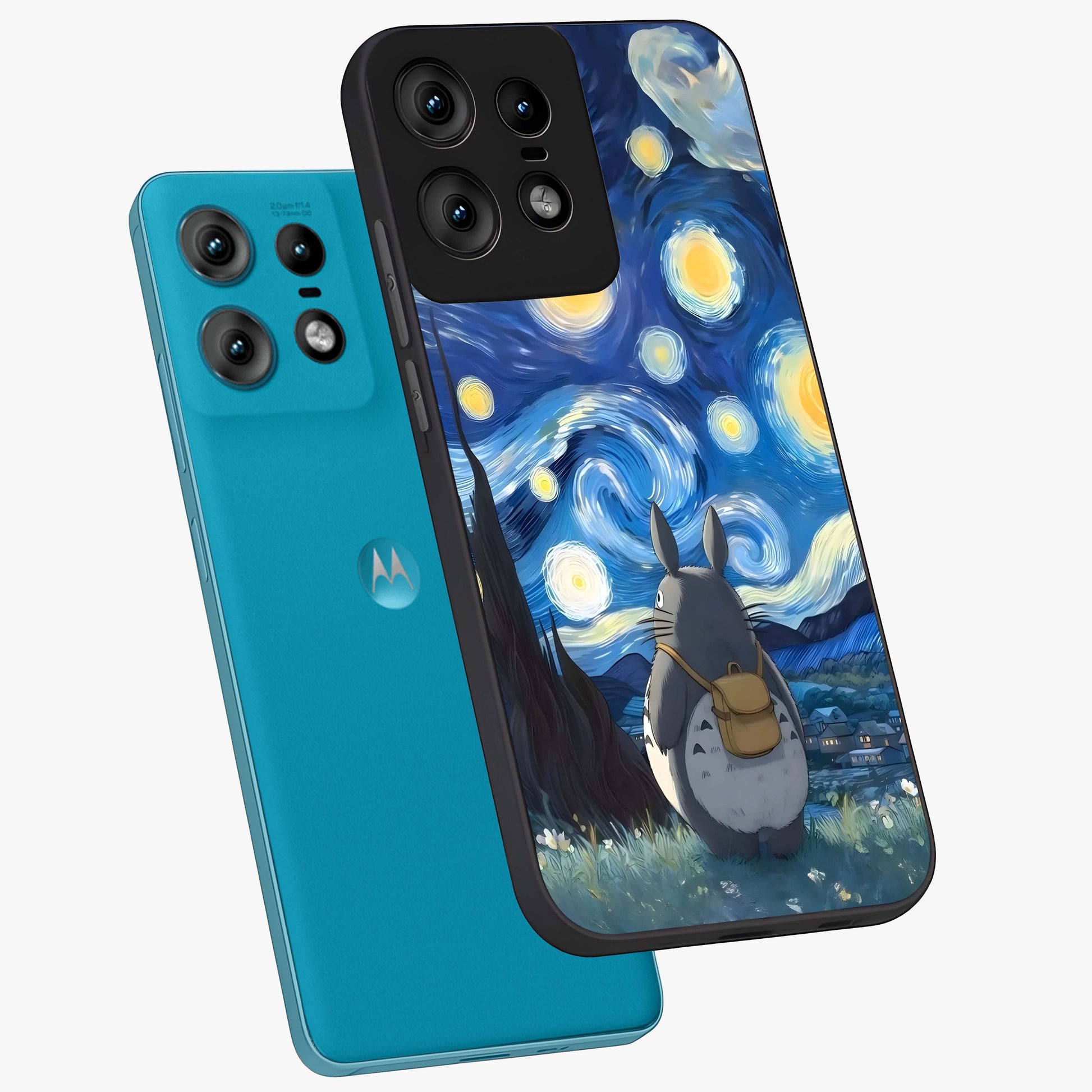 Totoro In Van Gogh Art Glass Case displayed in angled mockup highlighting artistic swirling sky design with playful animation aesthetic.